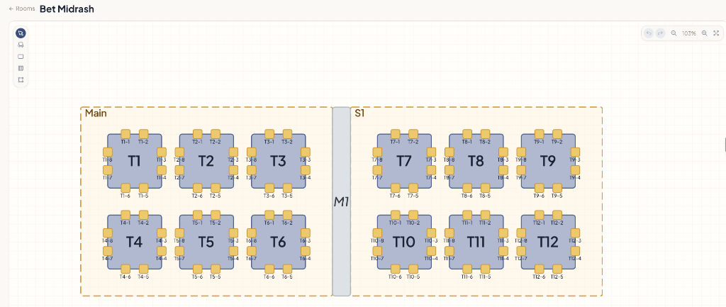 Makomly Admin Visual Seating & Room Builder app screenshot showing 2D sanctuary layout